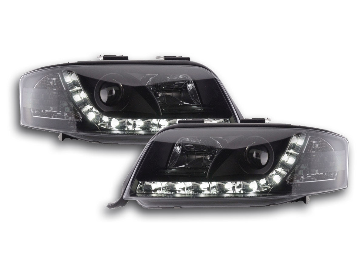 Scheinwerfer Set Daylight LED Tagfahrlicht Audi A6 4B 01-03 schwarz Scheinwerfer Set Daylight LED Tagfahrlicht Audi A6 4B 01-03 schwarz